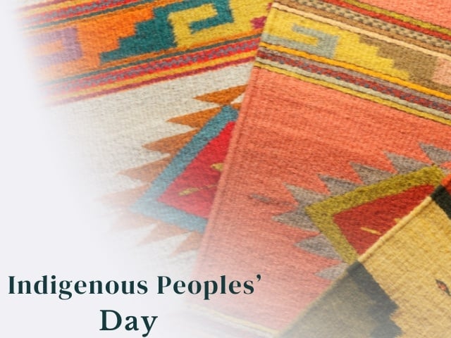 text, "Indigenous Peoples' Day" and background of Native American blankets 