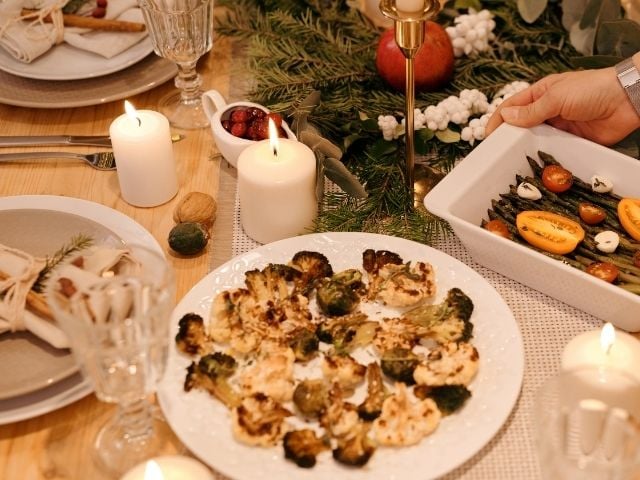 roasted vegetables on holiday themed table 