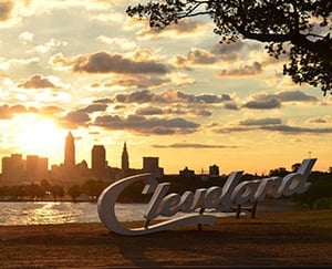 Sunset at Edgewater Park with Cleveland skyline.