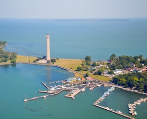 Birdseye view of South Bass Island and the boat docks and Perry’s Victory Monument