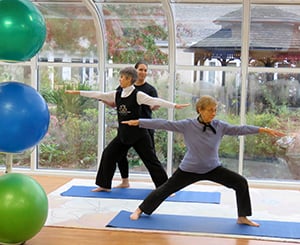 Two ladies participating in a yoga class.