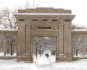 Memorial Arch in Oberlin, Ohio during the winter.