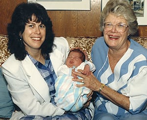 Three generations of women sitting on the couch